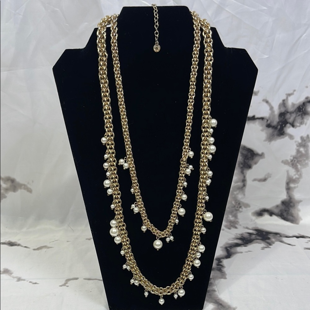 Baublebar 2-Strand Goldtone Necklace Faux Pearls Branded Tag Lobster Clasp